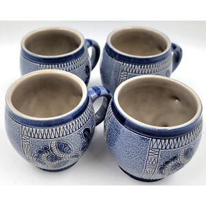 4 Marzi Remy 3141 Pottery Mug German Stein Blue Engraved Floral Cup 1950 - 1970